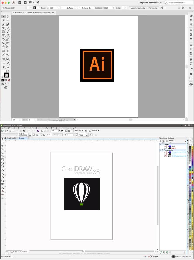 Capturas pantalla Illustrator CC 2017 y CorelDRAW X8